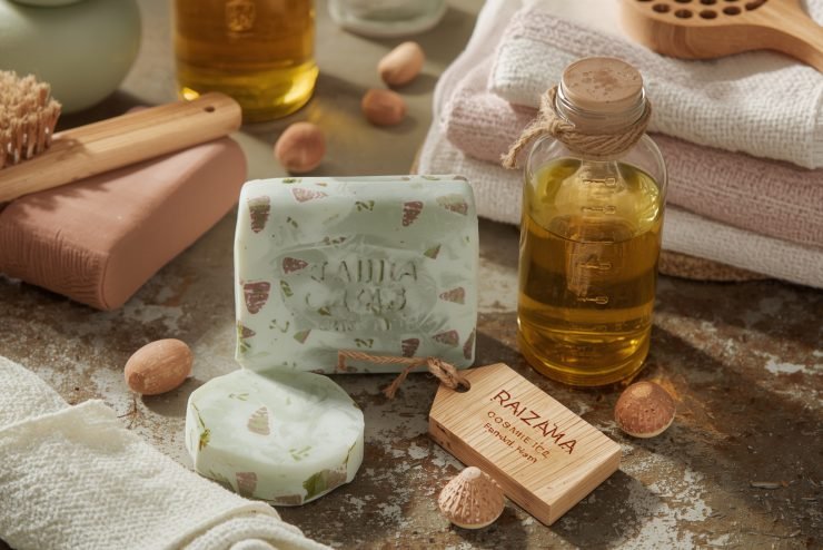 Lucid_Origin_Artisanal_bath_scene_with_handmade_soaps_wooden_b_2