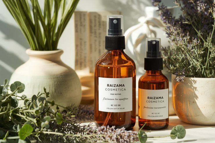 Lucid_Origin_Botanical_spray_scene_with_amber_glass_bottles_eu_2