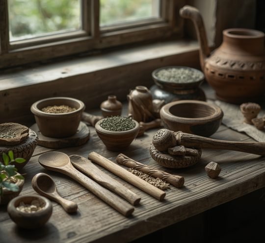 Lucid_Origin_Rustic_altar_with_ancient_herbal_tools_such_as_wo_0